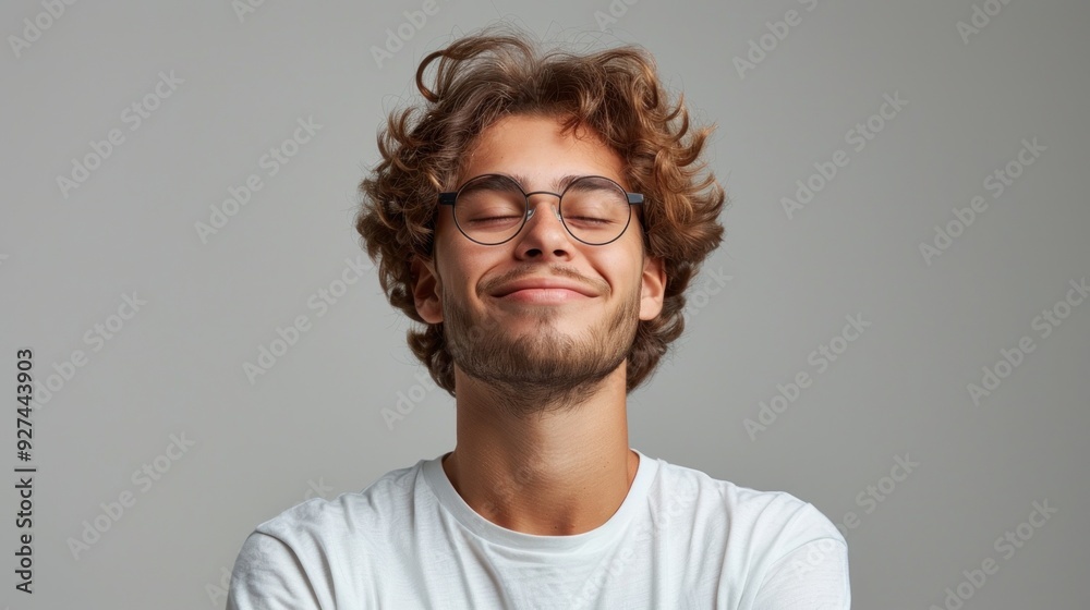 Young man expressing happiness with closed eyes and wide smile standing against a solid studio background Young man expressing happiness with closed eyes and wide smile standing against a solid studio background