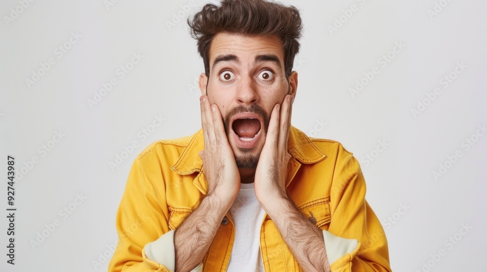 Young man expressing surprise with hands on cheeks standing against a solid studio background Young man expressing surprise with hands on cheeks standing against a solid studio background