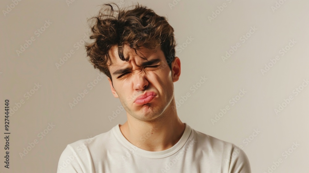 Young man showing disgust with wrinkled nose standing against a solid studio background Young man showing disgust with wrinkled nose standing against a solid studio background