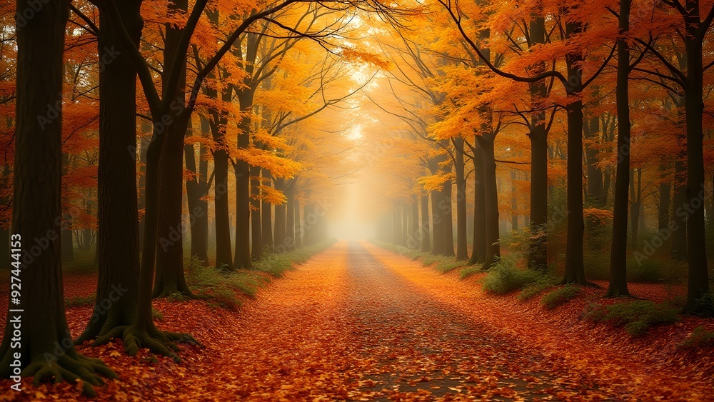Fototapeta premium A peaceful autumn forest with sunlight streaming through trees, illuminating a leaf-covered path