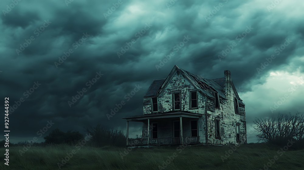 a foreboding old farmhouse with cracked paint and broken shutters, set against a stormy sky, evoking a ghostly vibe a foreboding old farmhouse with cracked paint and broken shutters, set against a stormy sky, evoking a ghostly vibe