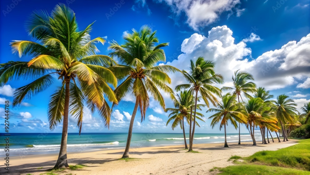 A perfect summer day with clear blue skies, a sandy beach, and tall palms swaying in the breeze, summer, perfect day A perfect summer day with clear blue skies, a sandy beach, and tall palms swaying in the breeze, summer, perfect day