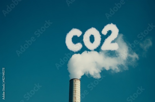 Industrial chimney emitting CO2 smoke against a clear blue sky