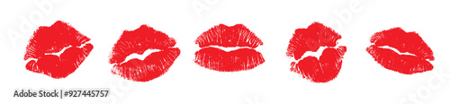 The lip prints of different women around the word kiss on a white background.