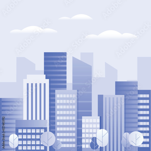 Cityscape background, City buildings and trees at city view. Monochrome urban landscape with clouds in the sky. Modern architectural flat style vector illustration.