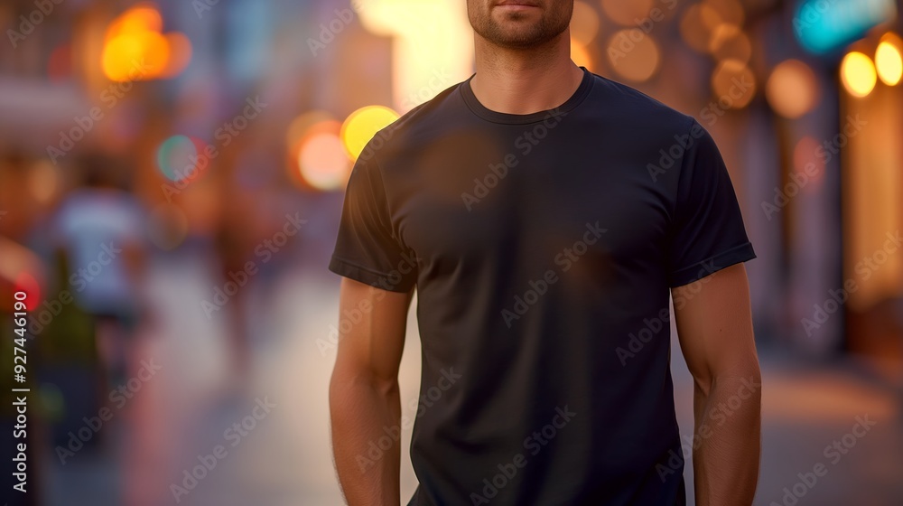 Man in black t-shirt mockup, front view, blurred street background, bokeh effect, copy space for design and text. Man in black t-shirt mockup, front view, blurred street background, bokeh effect, copy space for design and text.