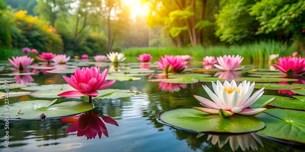Tranquil pond featuring vibrant water lilies , nature, plants, pond, water, flowers, beautiful, colorful, serene, calm