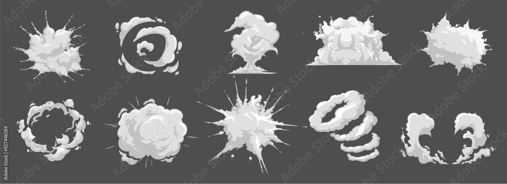 Burst or explosion cartoon effects. bomb or explosive detonation, rocket launch smoke trace and dust cloud. comic boom, bang or hit, attack blast