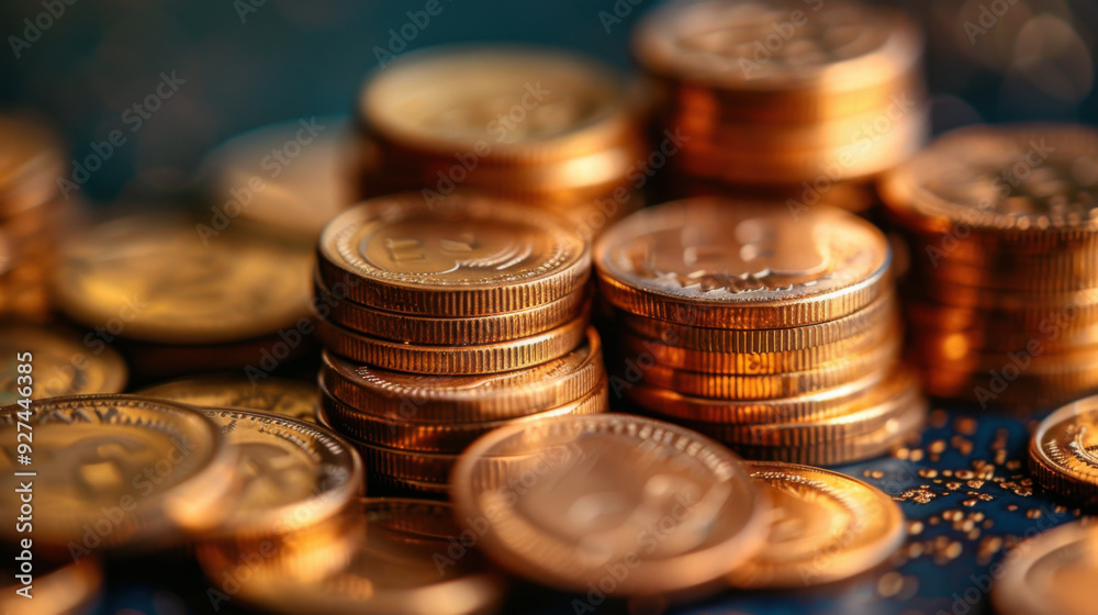 Close-up of neatly stacked gold coins, representing wealth, savings, and investment, with a blurred, dark background. Close-up of neatly stacked gold coins, representing wealth, savings, and investment, with a blurred, dark background.