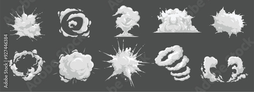 Burst or explosion cartoon effects. bomb or explosive detonation, rocket launch smoke trace and dust cloud. comic boom, bang or hit, attack blast photo