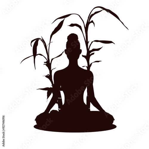 Silhouette of yoga woman in lotus pose. Silhouette of a girl sitting in padmasana on the white background. Personal symbol, logo. Printing on posters, business cards, flyers, clothes, bags