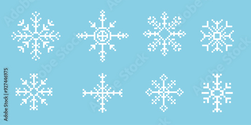 Pixel snowflake winter retro pixilated 8 bit game stamp. Holiday flake ornament. Simple crystal ornament. 