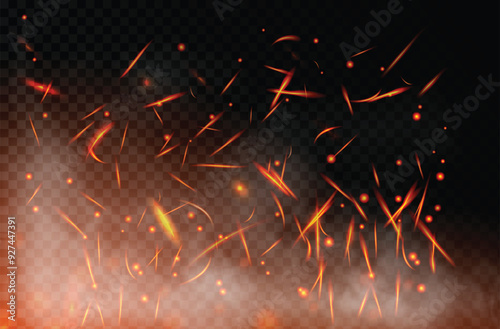 Realistic fire sparks background on a transparent background. burning hot sparks effect with embers burning cinder and smoke flying in the air. heat effect with glow and sparks from bonfire. vector