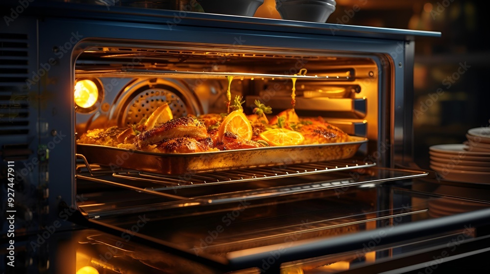 A pan filled with food is placed inside an oven. A pan filled with food is placed inside an oven.