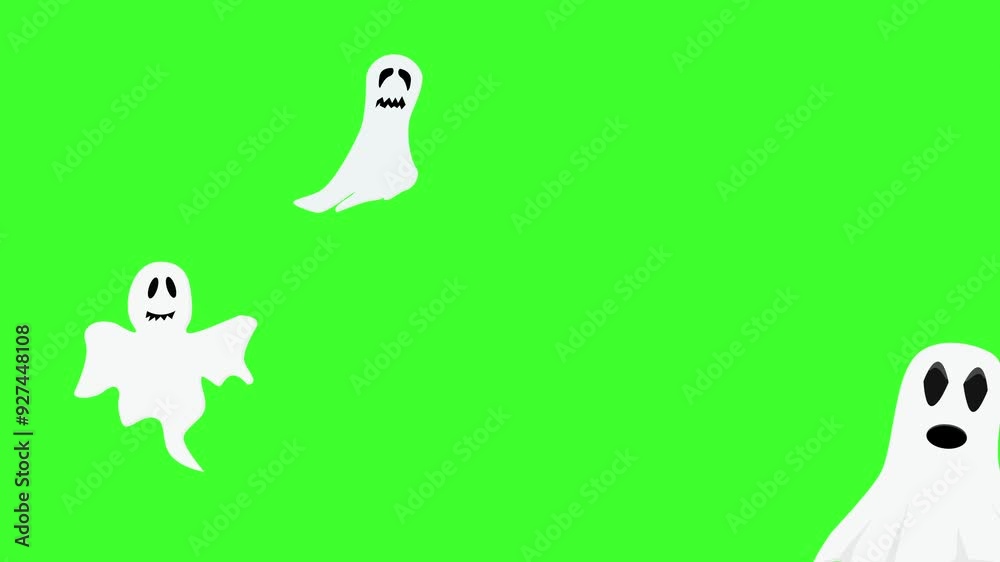 Group of cartoon animated ghosts flying on the green screen
