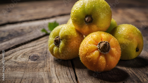 fresh Ackees fruits on wooden table background photo