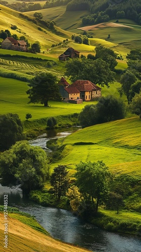 AI generator image of a lake in the middle of a valley The weather is cool,field of green mountain landscape