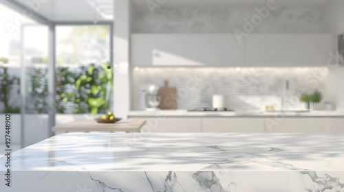 A bright kitchen with a large marble bench as the focus in the foreground and the background slightly blurred, light color palette, modern looking