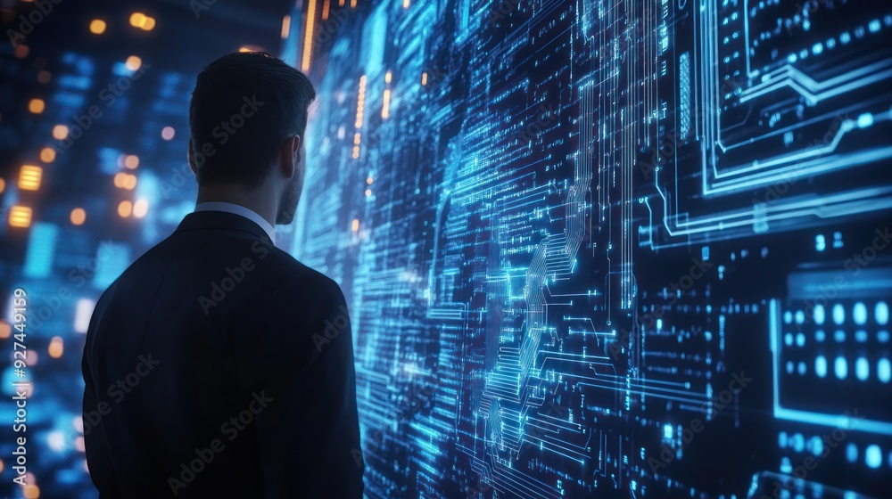 Man Gazing at a Blue Digital Wall of Data and Code Man Gazing at a Blue Digital Wall of Data and Code