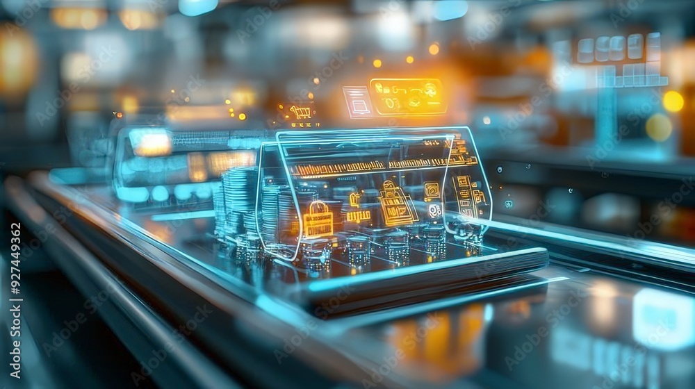 A holographic shopping cart interface is displayed in a futuristic retail environment, showcasing advanced e-commerce technology and digital innovation.