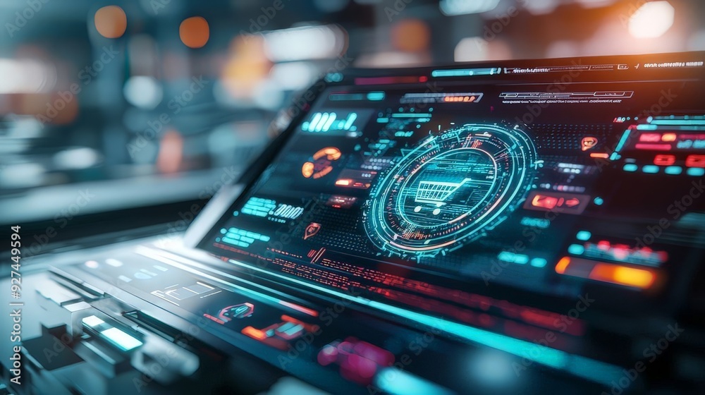 A futuristic shopping cart interface is displayed on an advanced digital control panel, symbolizing high-tech e-commerce and digital retail technology. A futuristic shopping cart interface is displayed on an advanced digital control panel, symbolizing high-tech e-commerce and digital retail technology.