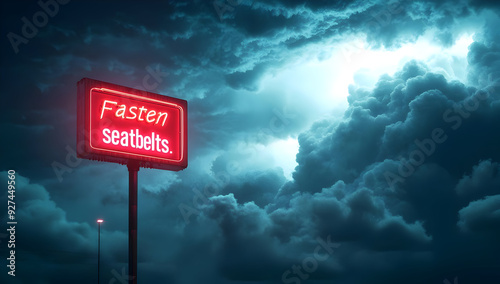 A neon sign urging passengers to fasten their seatbelts, illuminated against a dramatic, cloudy sky.