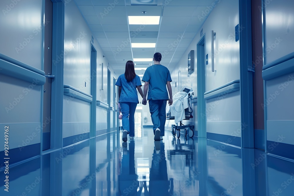 A doctor and nurse, in a hospital hallway, the essence of human interaction in a medical setting A doctor and nurse, in a hospital hallway, the essence of human interaction in a medical setting
