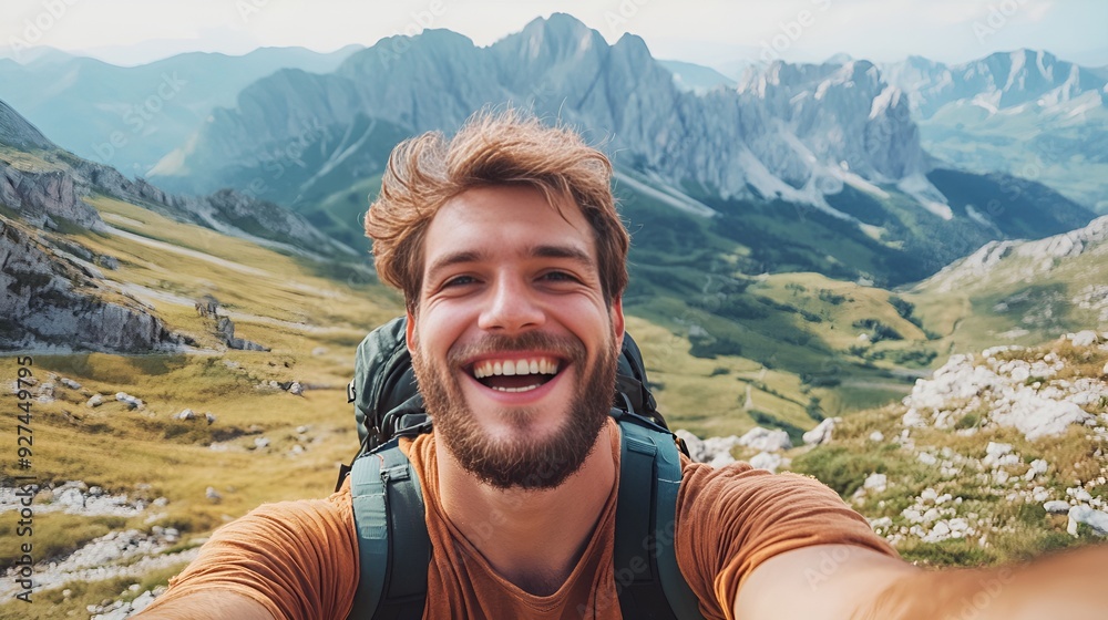 A happy and excited young man with a broad smile taking a selfie in front of a breathtaking mountain landscape during his vacation excursion A happy and excited young man with a broad smile taking a selfie in front of a breathtaking mountain landscape during his vacation excursion