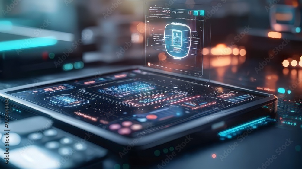 Close-up of a futuristic tablet displaying a holographic interface and digital data visualization, set in a high-tech environment with advanced technology. Close-up of a futuristic tablet displaying a holographic interface and digital data visualization, set in a high-tech environment with advanced technology.