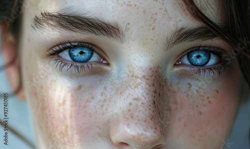 Extreme close-up of woman's blue eyes and freckles.