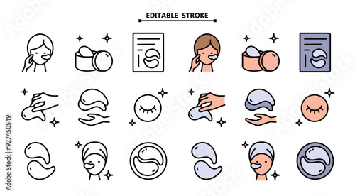 Eye gel patches color icons set. Editable stroke. Flat illustrations of eye mask. Contour isolated vector signs set on white. Trend care products