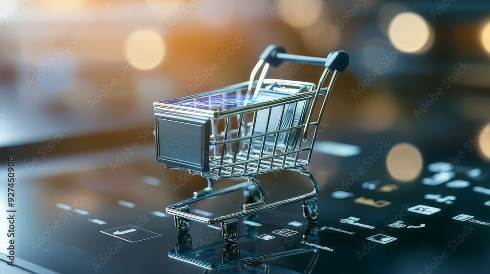 A mini shopping cart placed on a digital interface in a futuristic retail setting, symbolizing the integration of technology with modern shopping experiences. A mini shopping cart placed on a digital interface in a futuristic retail setting, symbolizing the integration of technology with modern shopping experiences.