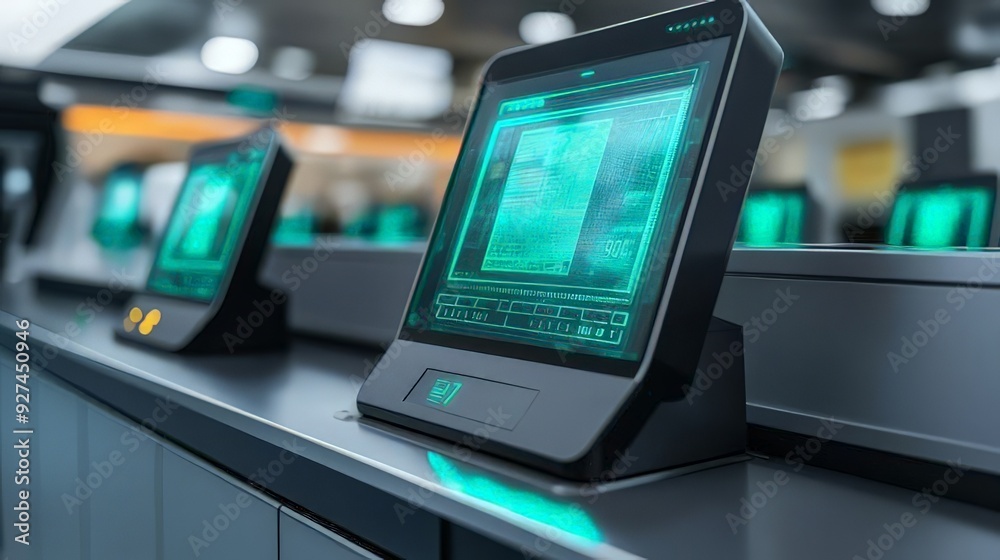 High-tech touchscreen terminals featuring green digital interfaces in a modern retail environment, highlighting advanced technology and sleek design for commercial use.