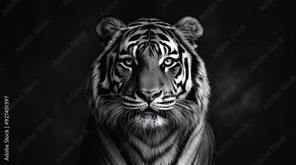 Monochrome black and white photo of a single tiger set against a dark backdrop emphasizing its fierce expression and stripes Monochrome black and white photo of a single tiger set against a dark backdrop emphasizing its fierce expression and stripes