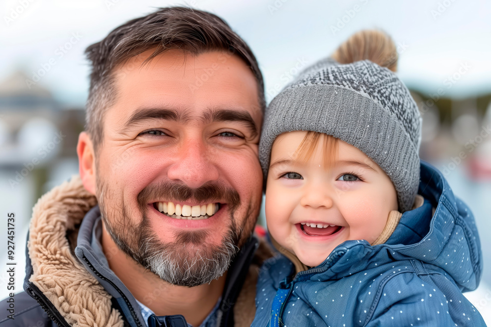 A joyful father and his smiling child share a close moment outdoors on a chilly day A joyful father and his smiling child share a close moment outdoors on a chilly day