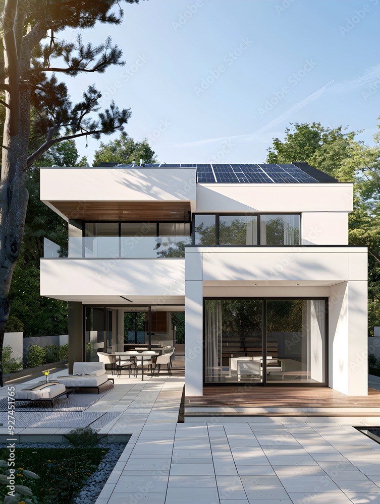 Fototapeta premium A modern family house with a white facade, solar panels