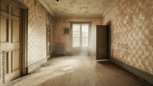 empty dust-covered room in an old Victorian house with faded wallpaper and cobwebs, conveying a sense of ghostly presence
