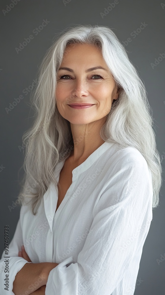 portrait of an elegant smiling woman with silver hair and a white shirt portrait of an elegant smiling woman with silver hair and a white shirt