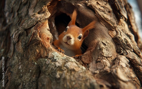 AI generator image of a little squirrel playing in a log, nest in a tree, near a waterfall  photo