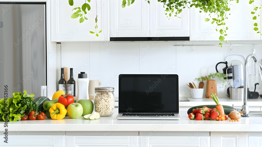 A simple clean white kitchen, on the counter is a laptop and a few gluten-free grains, fruits and vegetables A simple clean white kitchen, on the counter is a laptop and a few gluten-free grains, fruits and vegetables