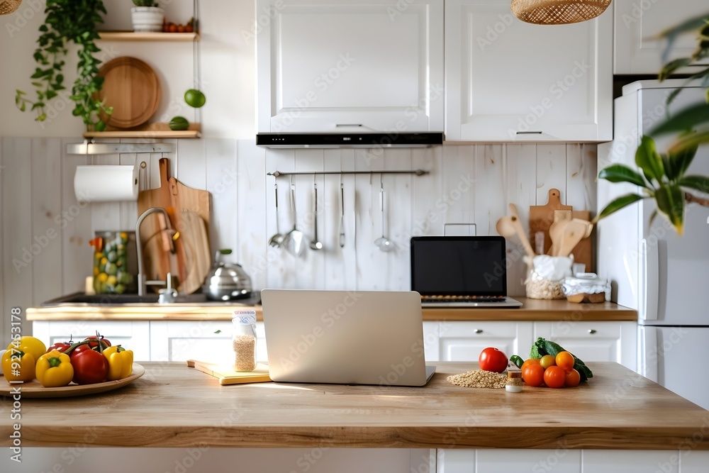 A simple clean white kitchen, on the counter is a laptop and a few gluten-free grains, fruits and vegetables A simple clean white kitchen, on the counter is a laptop and a few gluten-free grains, fruits and vegetables