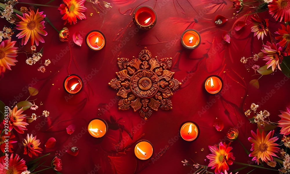 Colorful Happy Diwali festival backdrop with bokeh lights, oil lamp, flower on red background
Colorful Happy Diwali festival backdrop with bokeh lights, oil lamp, flower on red background