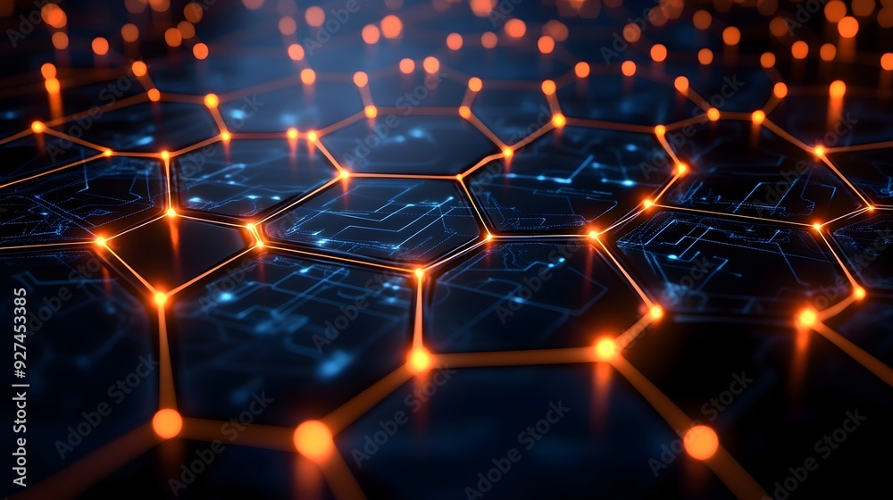 Obraz premium Abstract Hexagon Network with Glowing Orange Lights