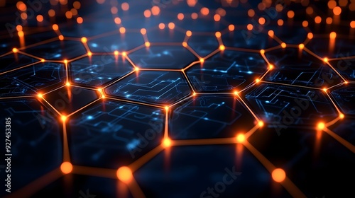 Abstract Hexagon Network with Glowing Orange Lights