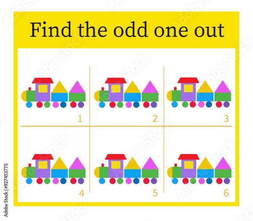 Puzzle game for children. Attention task. Kids activity page. Cartoon train. Answer is 3.