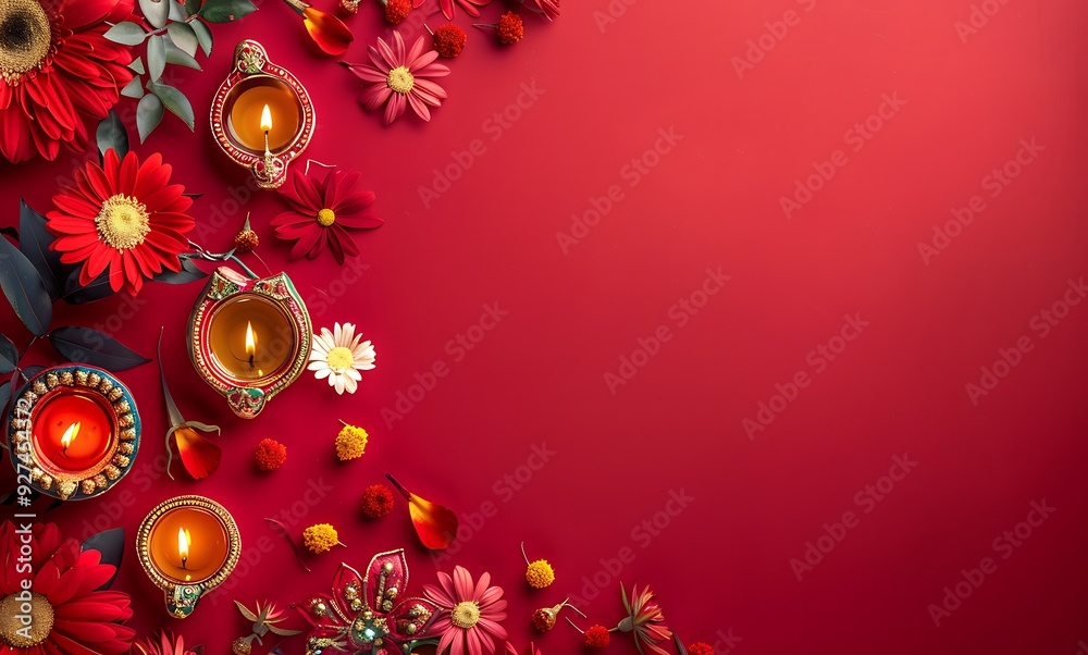Colorful Happy Diwali festival backdrop with bokeh lights, oil lamp, flower on red background
Colorful Happy Diwali festival backdrop with bokeh lights, oil lamp, flower on red background
