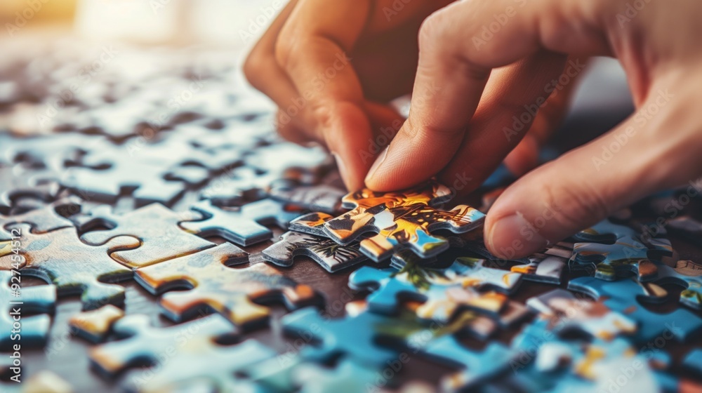 Hands assembling a puzzle, the pieces forming a beautiful picture. Problem-solving, patience, and the satisfaction of completing a challenging task Hands assembling a puzzle, the pieces forming a beautiful picture. Problem-solving, patience, and the satisfaction of completing a challenging task