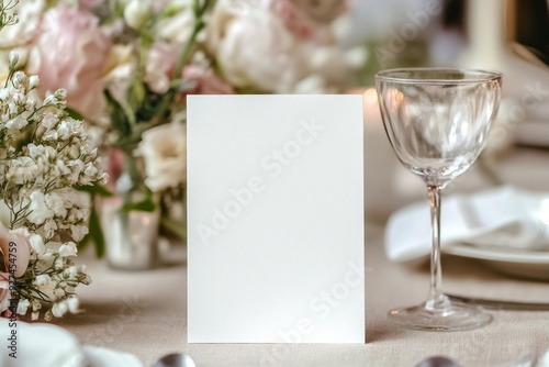 Mockup White Blank Space Card for Greeting, Table Number, Wedding Invitation Template on Wedding Table photo