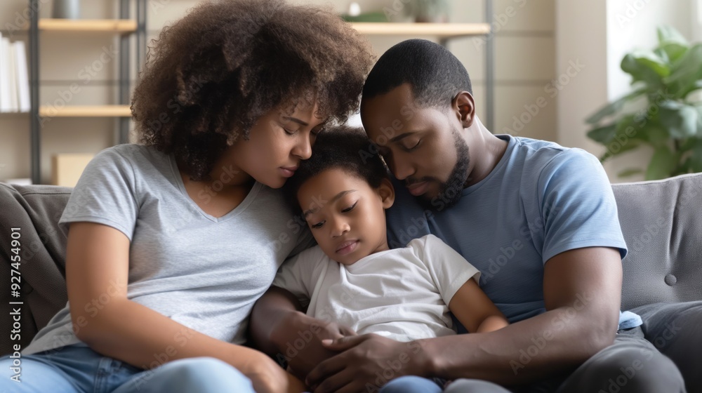 Parents comforting a child after a bullying incident, expressions of love and protection, promoting anti-bullying awareness and child safety, home setting with supportive atmosphere Parents comforting a child after a bullying incident, expressions of love and protection, promoting anti-bullying awareness and child safety, home setting with supportive atmosphere