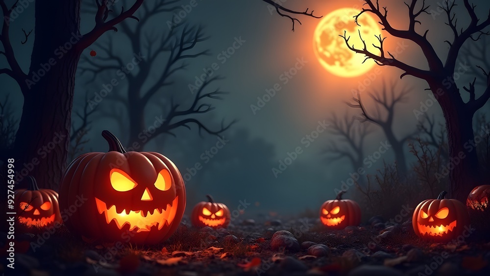 A spooky Halloween scene with glowing jack-o'-lanterns, a full moon, bats, and haunted house silhouettes A spooky Halloween scene with glowing jack-o'-lanterns, a full moon, bats, and haunted house silhouettes